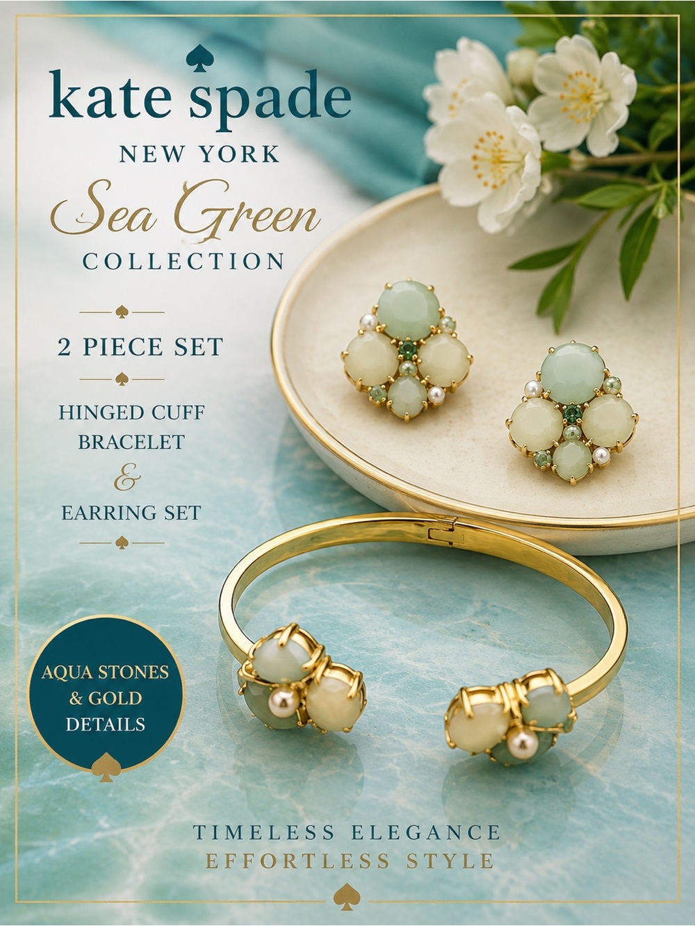 kate spade Sea Green Aqua Stone Gold Hinged Cuff Bracelet & Earring Set